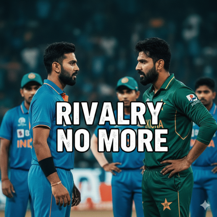 A close-up, color-graded image of Indian captain Suryakumar Yadav and Pakistan pacer Haris Rauf looking at each other intensely on the field, with a faded overlay of the text "RIVALRY NO MORE.