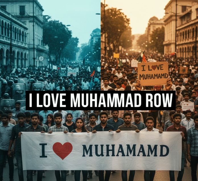 protestor's sign reading "I Love Muhammad" contrasted with a tense police presence. A protestor's sign reading "I Love Muhammad" contrasted with a tense police presence.