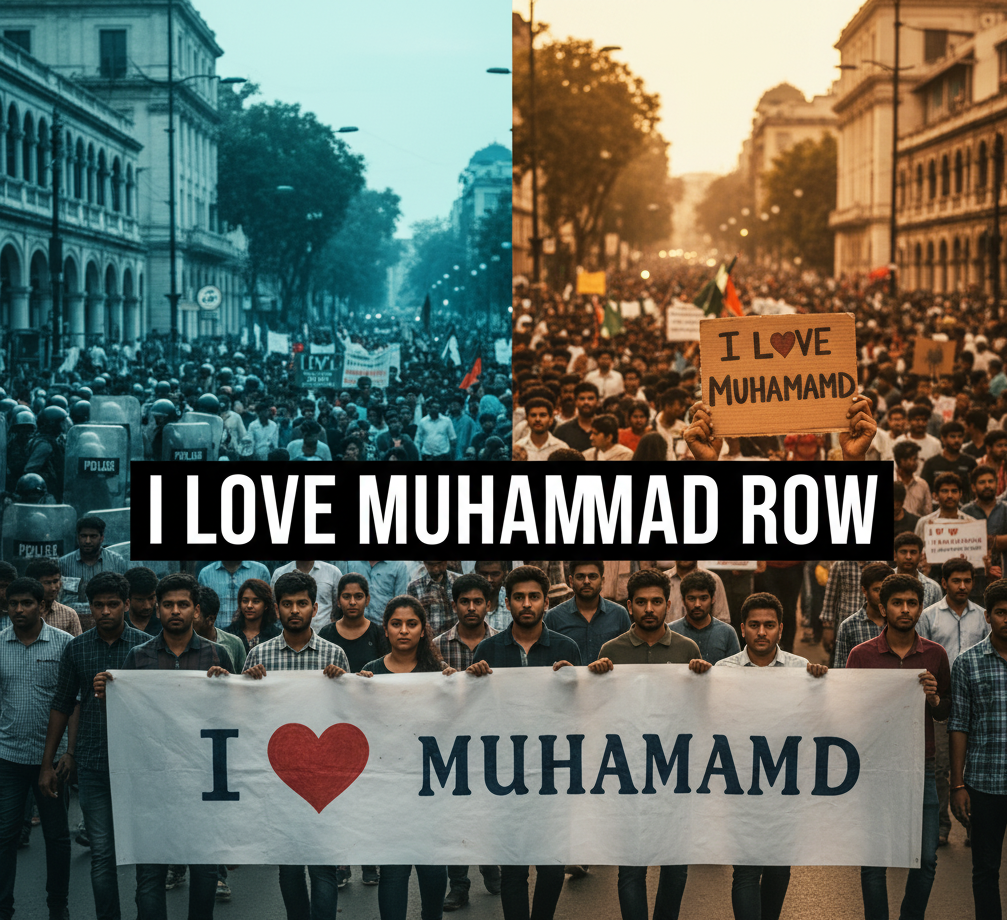 A protestor's sign reading "I Love Muhammad" contrasted with a tense police presence.