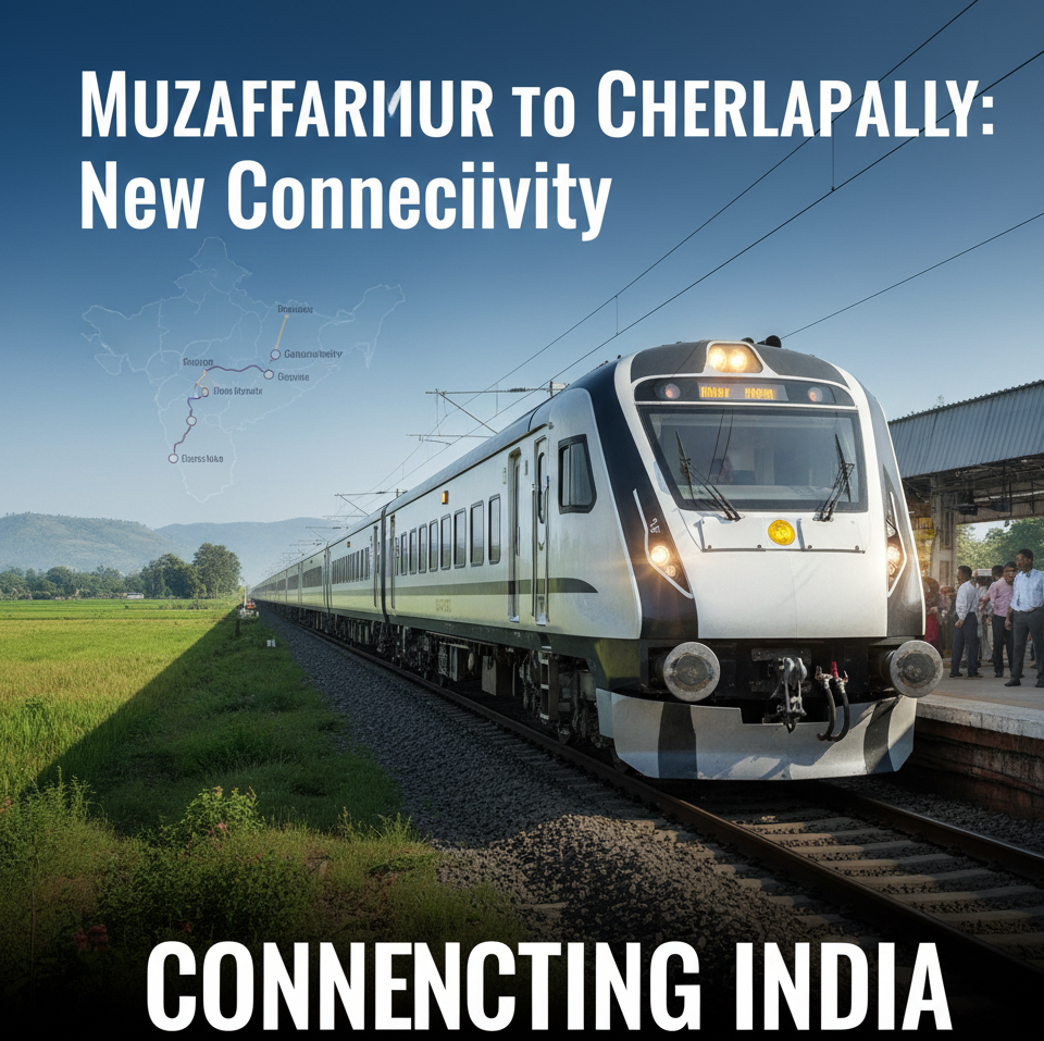 New Amrit Bharat Express train traveling through a vibrant Indian landscape.