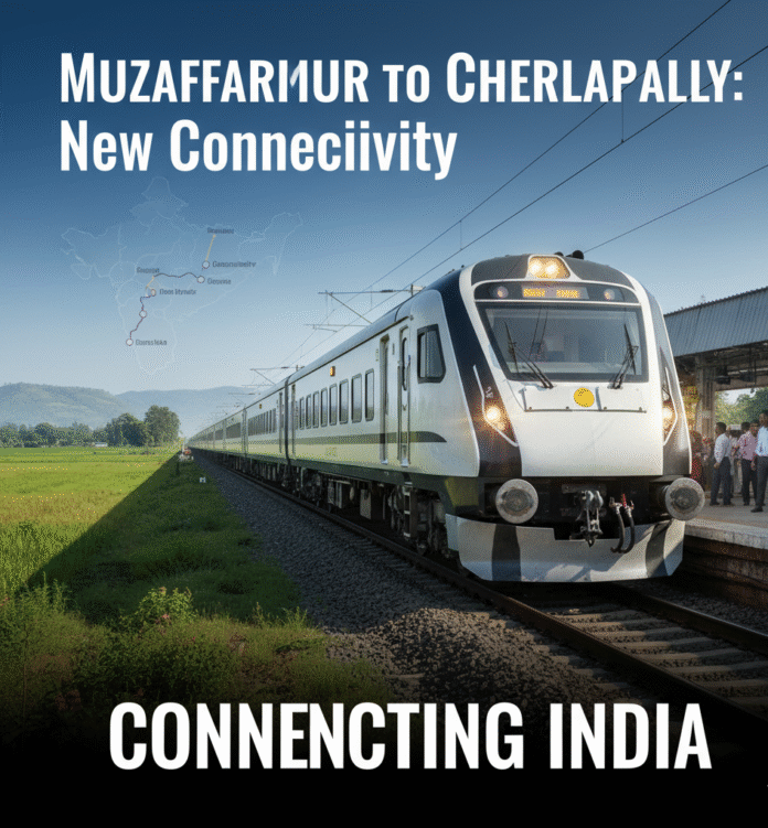 New Amrit Bharat Express train traveling through a vibrant Indian landscape.