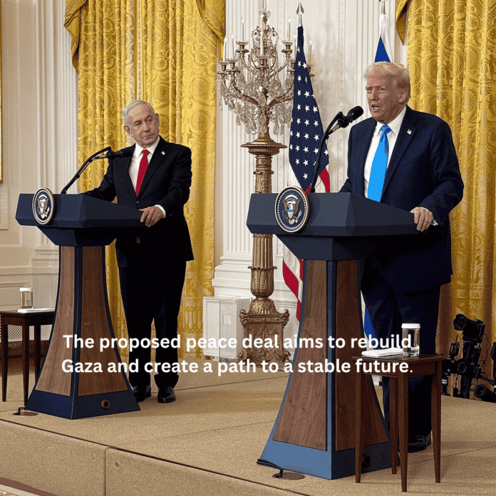 The proposed peace deal aims to rebuild Gaza and create a path to a stable future. (1) A close-up of a hand holding a piece of paper with the words "Gaza Peace Plan" on it.