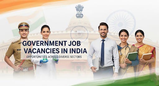 A banner image for a news article about government job vacancies in India, featuring a diverse group of four professionals  police officer, a lab technician, a businessperson, and a teacher standing in front of a blurred image of the Indian Parliament building.