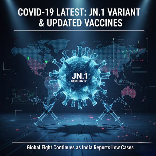 A glowing blue 3D render of the JN.1 coronavirus variant with two syringes on a futuristic circuit board, set against a blurred world map showing data points.