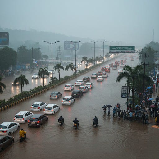 A high-angle shot of a waterlogged urban street in North India, with cars and motorbikes stuck in heavy traffic during a torrential rainstorm. People with umbrellas are seen on the sidewalks, and the sky is overcast and grey.