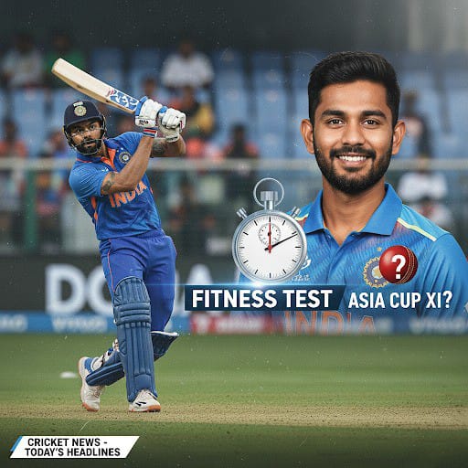 Kohli's Fitness Test Sparks Exemption Debate; Sanju Samson's Asia Cup Spot Under Scrutiny A digital collage or split-screen image showing Indian cricketer Virat Kohli on one side and Sanju Samson on the other. Kohli is in a training environment, while Samson is shown batting in a match. The image represents the two major ongoing debates in Indian cricket.
