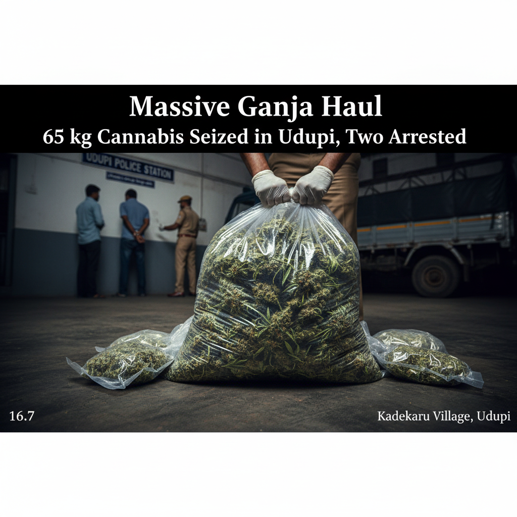 Udupi police with seized 65 kg ganja and arrested suspects