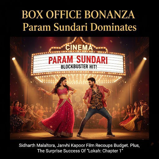 siddharth malhotra new movie idharth Malhotra and Janhvi Kapoor dancing in a vibrant cinema hall, with "Param Sundari - Blockbuster Hit!" on the marquee.
