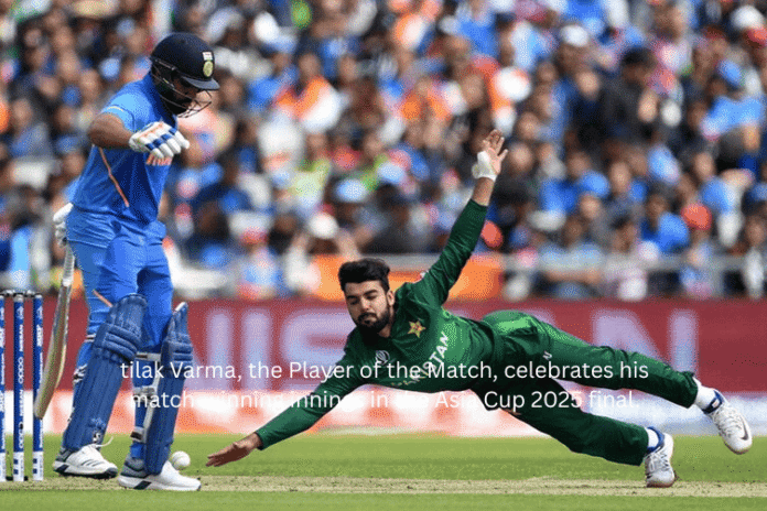 tilak Varma, the Player of the Match, celebrates his match-winning innings in the Asia Cup 2025 final. (1) Indian cricket team players celebrating their Asia Cup victory over Pakistan in front of a cheering crowd at the Dubai International Stadium.