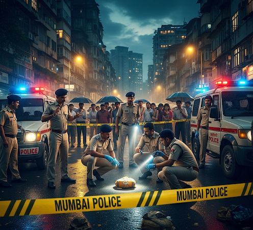 A dramatic, cinematic image of a police investigation on a rain-slicked street in Mumbai at night. Police officers are gathered around a suspicious object, with a sense of tension and urgency.