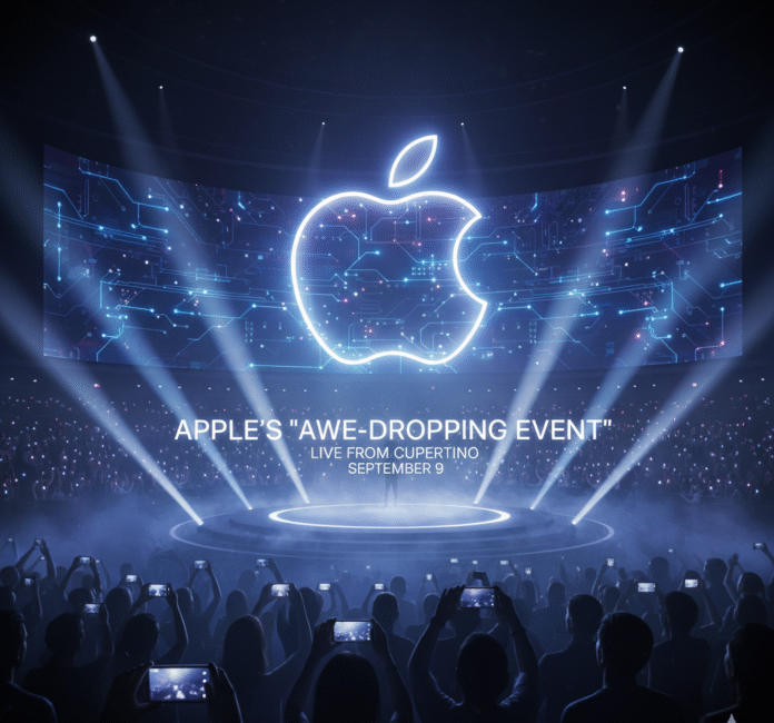 A close-up of a person in a crowd holding up a smartphone, ready to record or view the Apple "Awe-Dropping Event" on September 9th, reflecting widespread anticipation.