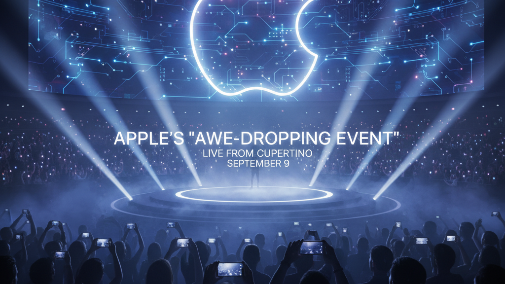 A large, futuristic stage bathed in light with a glowing Apple logo, surrounded by an excited crowd holding up phones at Apple's "Awe-Dropping Event" on September 9th.

