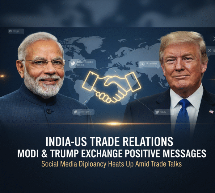A close-up, square-cropped image of Prime Minister Narendra Modi and President Donald Trump smiling during a handshake.