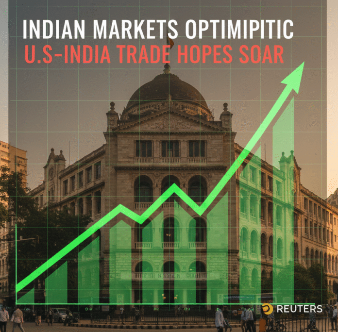 Indian Stock Market Optimism Indian stock market graph showing an upward trend with the flag of India and the flag of the United States in the background, symbolizing positive trade relations.
