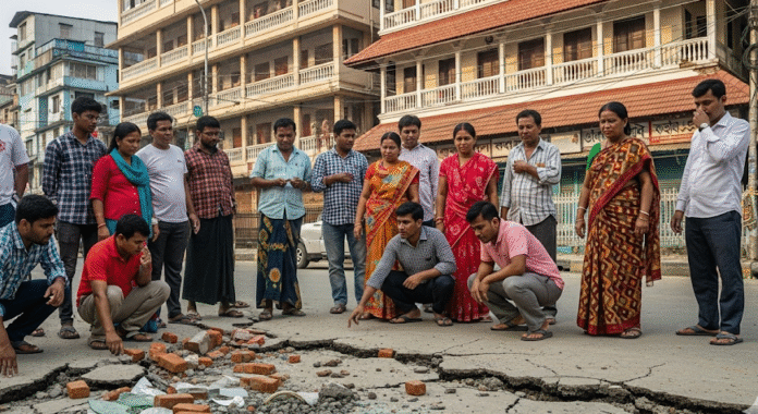 Aftermath of the Guwahati Earthquake photograph capturing the aftermath of a 5.8 magnitude earthquake in Guwahati, Assam, showing people looking at cracks in the ground, with a worried but calm expression