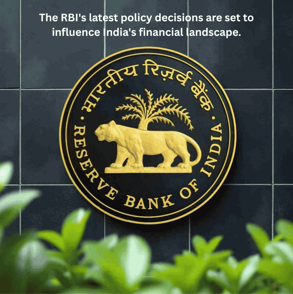 A stack of Indian rupee notes with the text 'RBI Monetary Policy: Growth Ahead'.